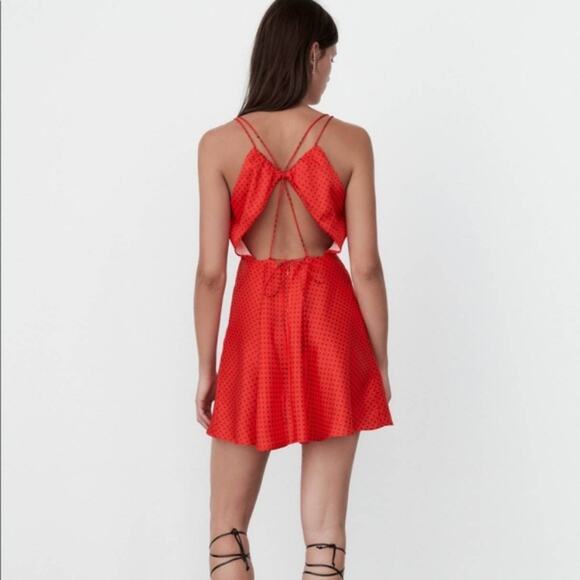 Zara Red Satin Polka Dot Open Back Mini Dress NWT Size Small - Picture 2 of 6